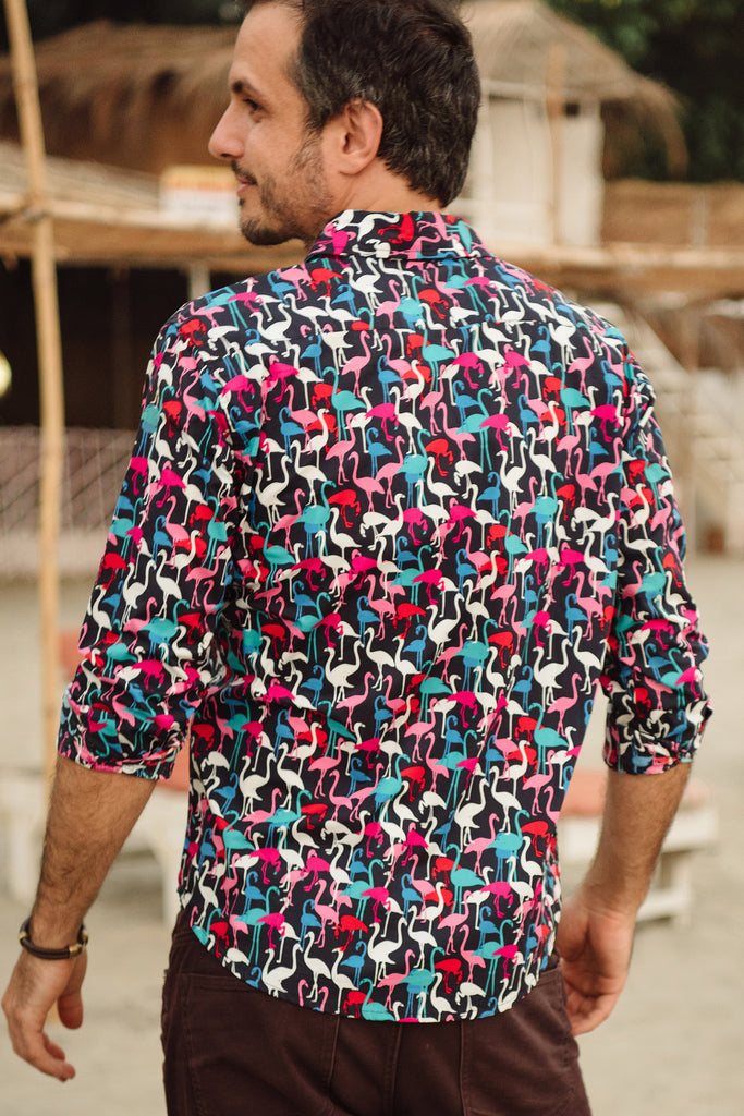 Black long sleeve multi coloured flamingos.
