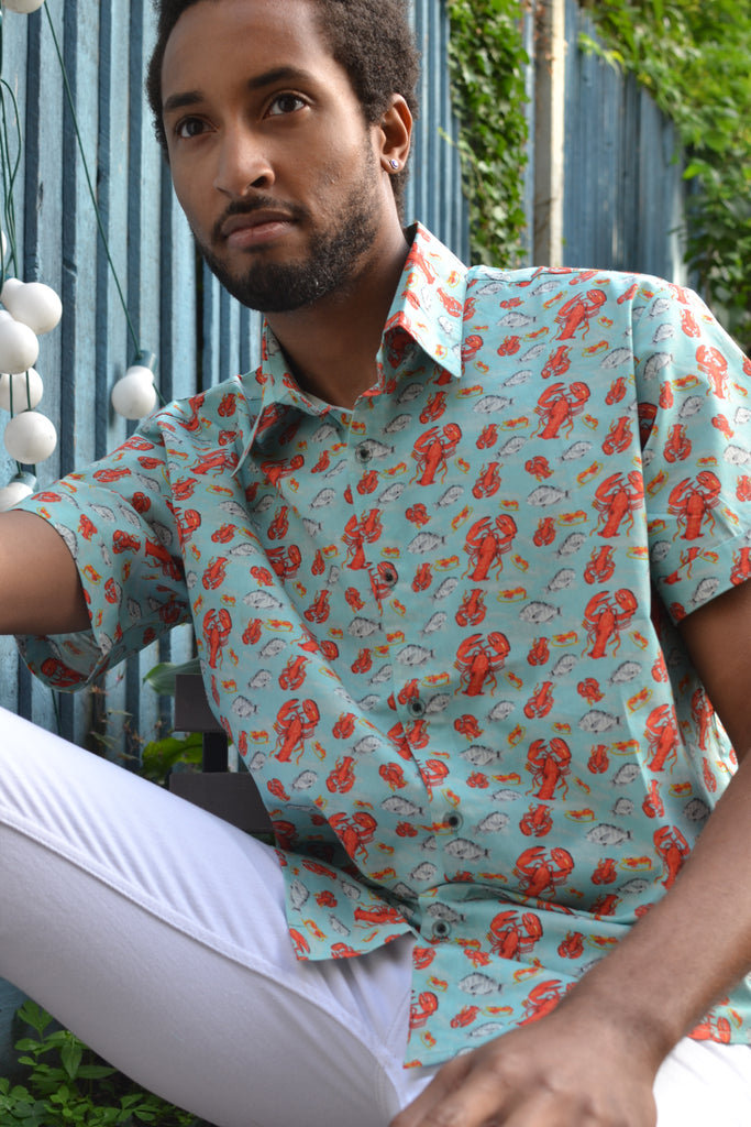 Turquoise lobster short sleeve shirt