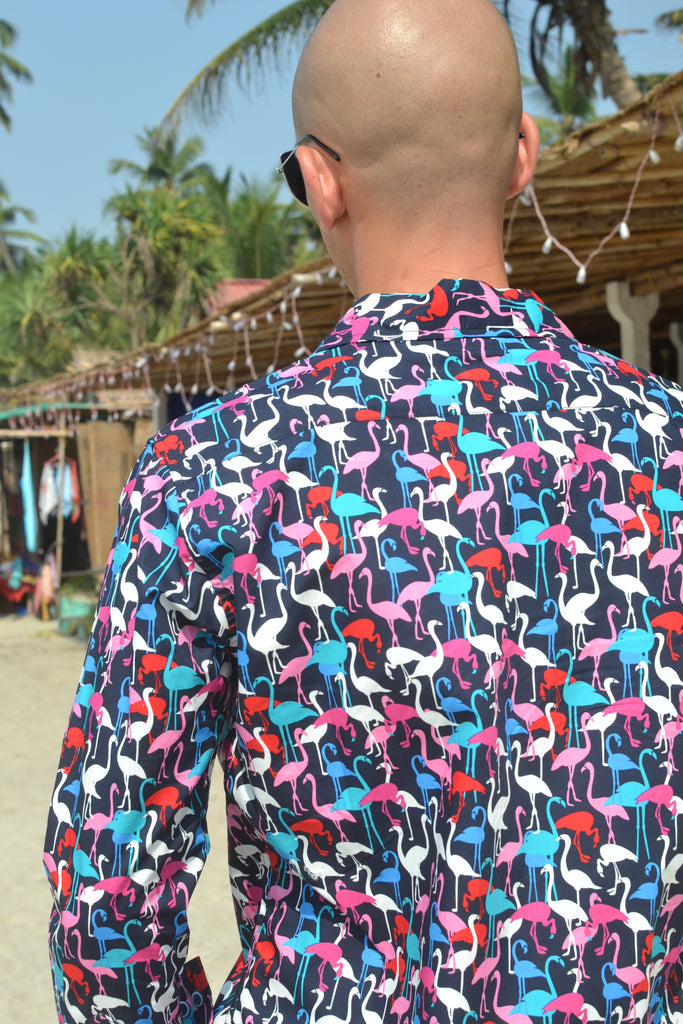 Black long sleeve multi coloured flamingos.