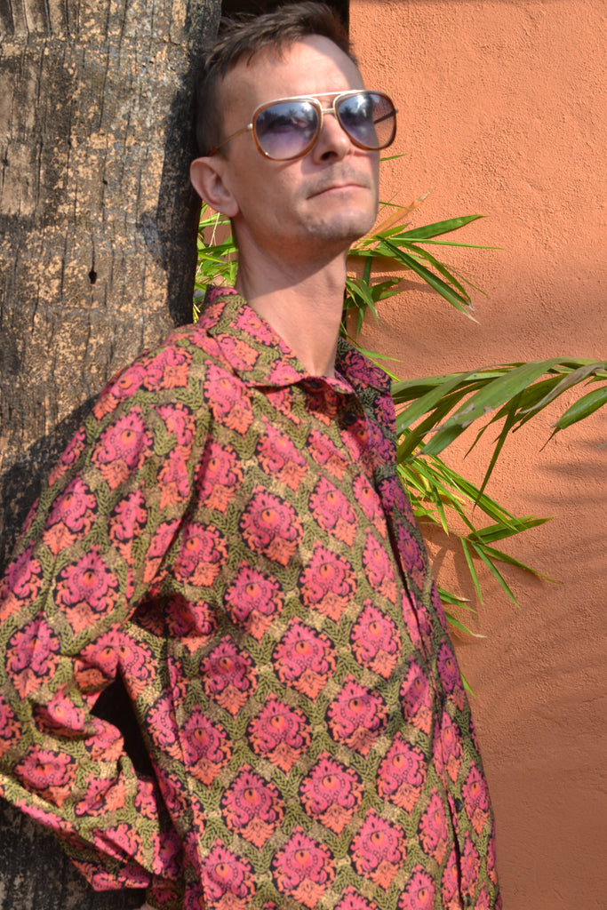 Pink & green baroque print.