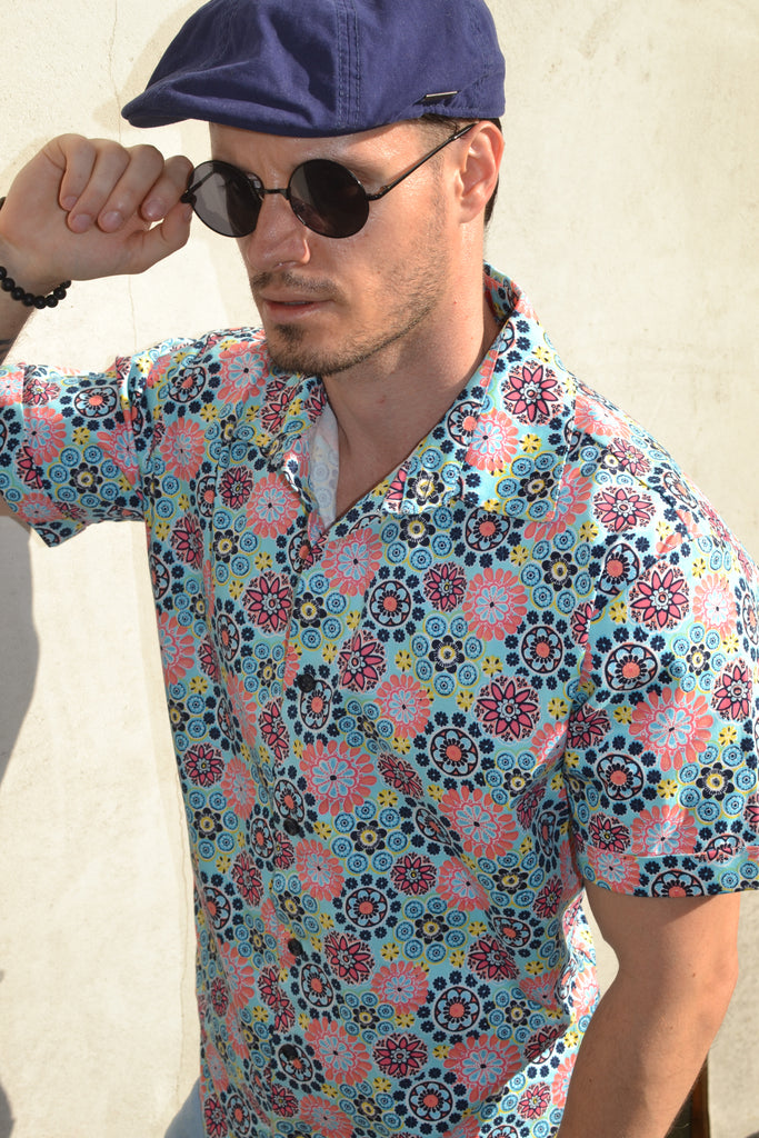 Sky blue short sleeve shirt.