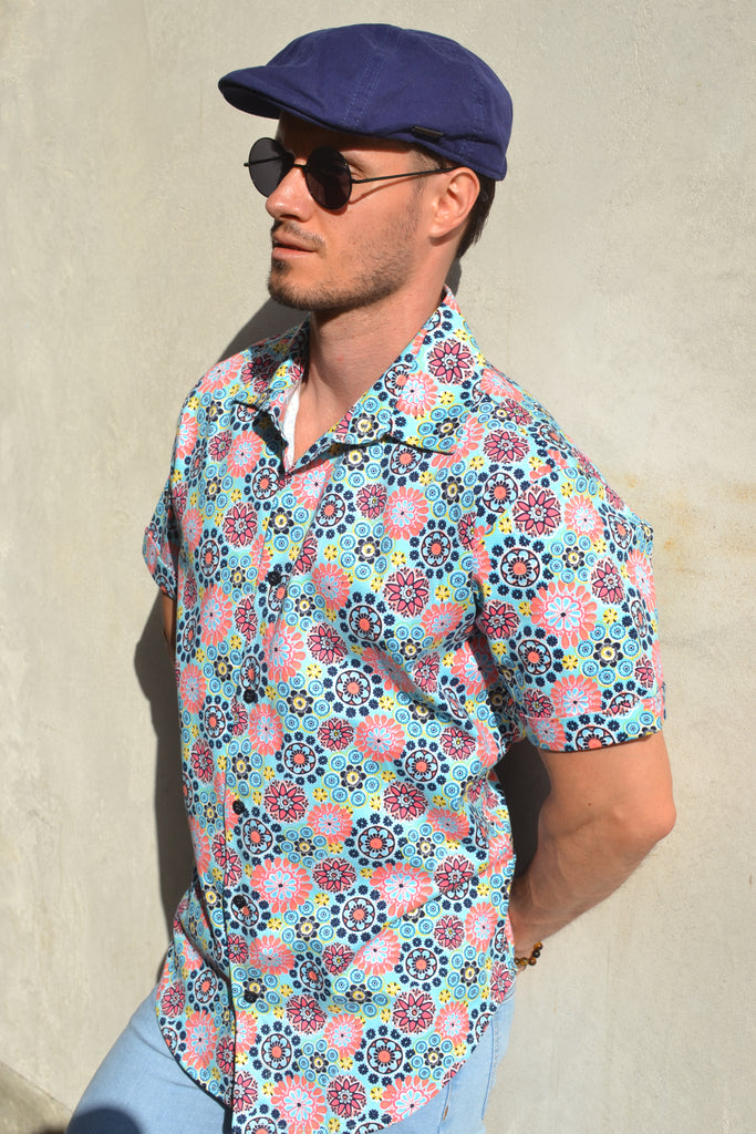 Sky blue short sleeve shirt.