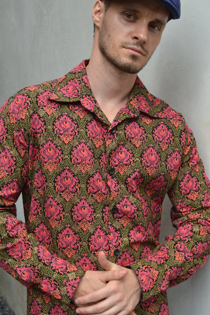 Pink & green baroque print.