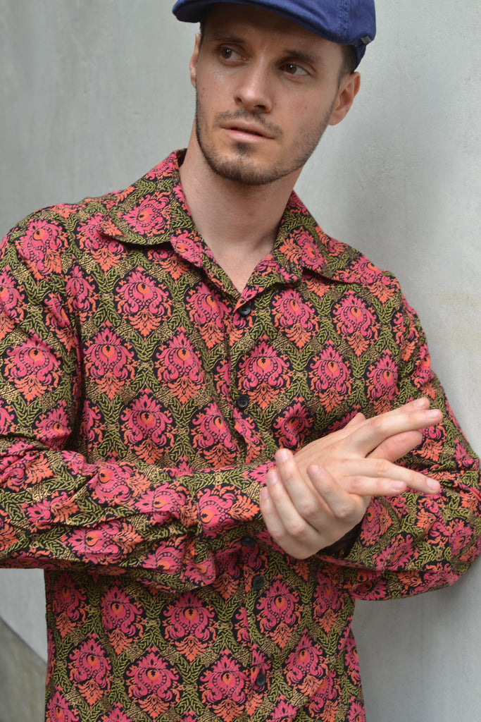 Pink & green baroque print.