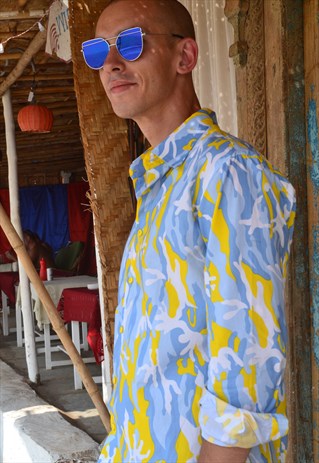 Yellow & Blue Camouflage Long Sleeve Shirt