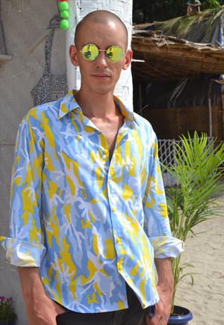 Yellow & Blue Camouflage Long Sleeve Shirt