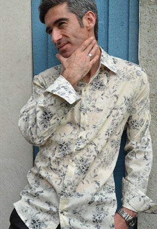 White with turquiose  floral long sleeve shirt.