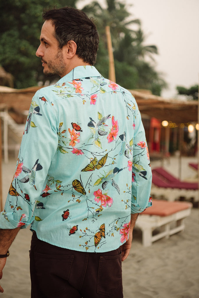 Blue hummingbird men's shirt.