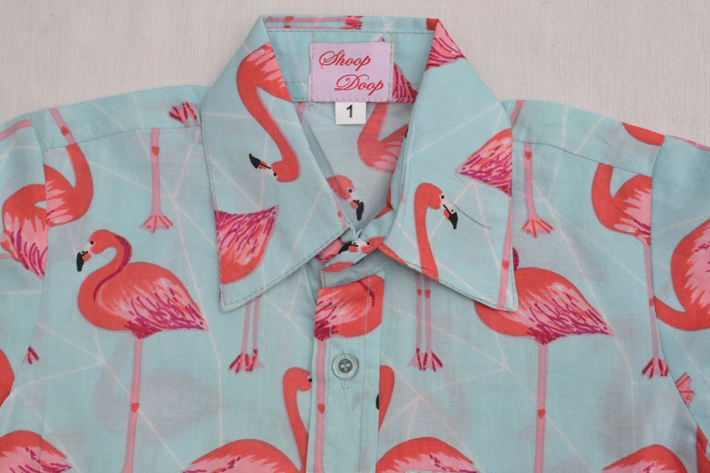 Pink & Light Blue Flamingo Short Sleeve Shirts
