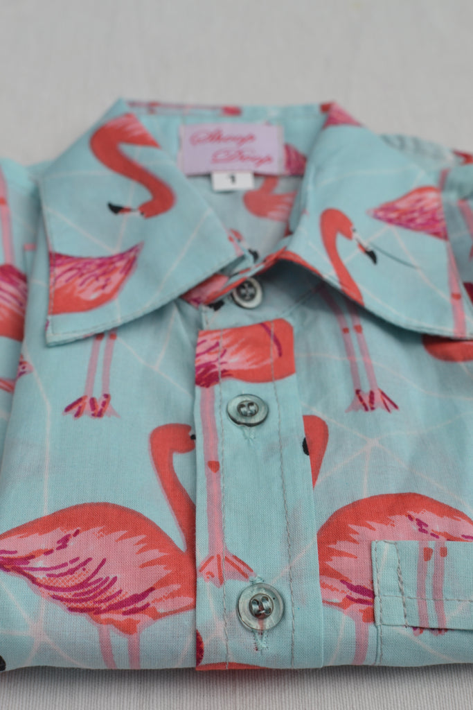 Pink & Light Blue Flamingo Short Sleeve Shirts